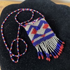 Hand Beaded Native American Small Medicine Pouch Necklace Seed Bead Tassel