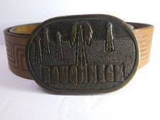 Vtg Roughneck Oilfield Solid Brass Leather Belt & Buckle ~ Daze ~ Back Engraved