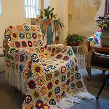 Hand Made Crochet Granny Square Blanket with Tassels, Vintage Style & Colourful