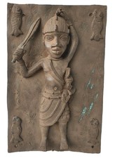 Superb, rare Benin Bronze Warrior and Mudfish Plaque. Old, fine.. 52cm. Nigeria.