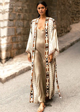 Beige Cream Ivory Boho Ethnic Holiday Beach Coverup Kimono Kaftan Jacket  10 12