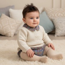 Baby Boy Knitted Outfit Jumper Check Jam Pants Set Spanish Beige