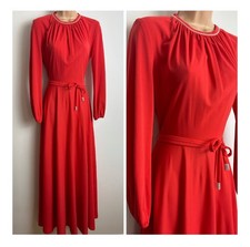 Vintage 70s MARY HARNES Orange Long Sleeve Belted Occasion Maxi Dress Size 8-10