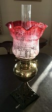 Antique Paraffin Lamp With Etched Cranberry Glass Shade