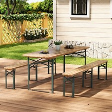 Folding Beer Table Bench Set Long Wooden Trestle Desk for Outdoor Patio BBQ Use