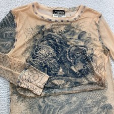 Vintage Jean Paul Gaultier Mesh Top Womens Medium Multicolor Tattoo Long Sleeve