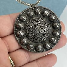 vintage Tinn? Brooch Pendant Necklace Norwegian? Silver Tone ornate NNED