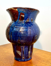Vintage Studio Pottery Vase 1970s Hand Thrown Blue Brown Drip Glaze 21.5cm