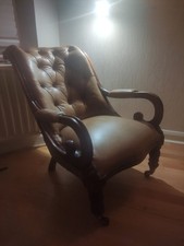  Antique Brown Leather Victorian Gentleman’s Library Chair