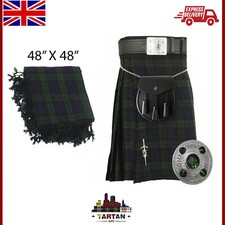 Men Highland Kilts Traditional Black Watch Tartan Set With Matching Fly Plaid