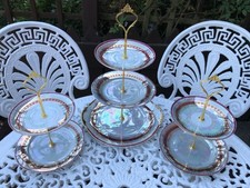 Set of 3 Gilt Edged Lustre Finish Bone China 2 and 3 Tier Cake Stands