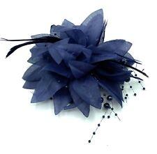Navy Blue Beaded Feather Fascinator Clip Brooch Pin Hat Races Wedding Ascot