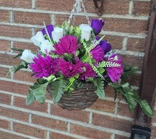 Artificial Hanging Basket Flowers Plant Garden Pot Ivy Leaf Fern Foliage Rose Ch