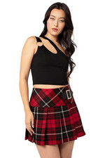 Hell Bunny Harley Skirt - Red Tartan Plaid Pleated Mini with Belted Waist