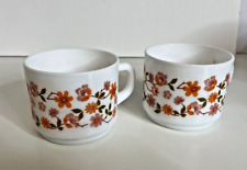 2 x Arcopal Scania Stacking Cup Orange Floral Retro 1970s. 2.5" x 3"
