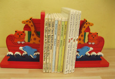 2 x Noah's Ark Animal Bookends 19cm red painted wood Giraffe, Tiger Cat, Dolphin