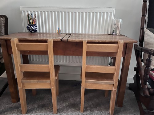Vintage wooden school desk - school,