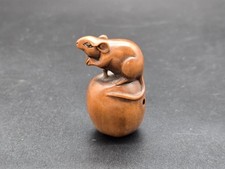 Signed Hand-Carved Wooden Netsuke – Mouse on Walnut | Japanese Art Figurine