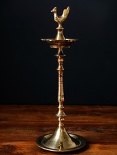 Brass Temple Oil Lamp Hindu Pooja Religious Stand Antique Peacock Pahana Ceylon