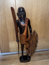 Stunning Large Masai Warrior Standing Figure Wooden Figurine Shield 58cm Statue