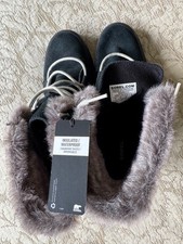 womens black suede Sorel boots. Warm, waterproof. Faux fur top. New with label.
