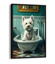 CUTE WEST HIGHLAND TERRIER IN BATHTUB FLOAT EFFECT FRAME CANVAS ART PIC PRINT