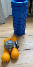 Selection of gym equipment - hard roller, spiky ball and 2KG weights x 2