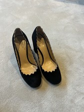 Chloe Black Suede Lauren Scalloped Block Heel Court Shoes Size 38.5 5.5 