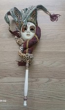 Vintage Hand Painted Venetian Jester Mask on Stick Gold Dots  Italy 48 cm long 
