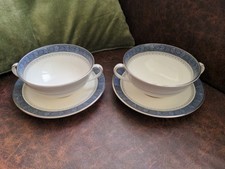 Royal Doulton - Sherbrooke H5009 - 2 x Footed Soup Bowls with Handles & Saucer