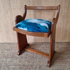 Fab Vintage Art Deco Nouveau Oak & Blue Velvet Piano Dressing Table Stool
