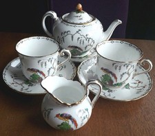 Antique Tuscan China Tea Set for Two Exotic Garden Pattern Bird Of Paradise G