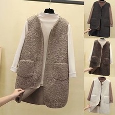 Women Gilet Button Lambswool Jacket Long Body War Coat Fleece Fur Waistcoat Vest