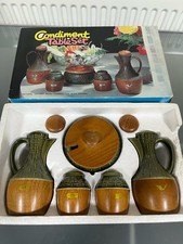 Vintage Boxed Condiment Table Set Natural Grained Wood & Ceramic 5 Pieces Unused