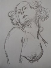 Pencil drawing after Augustus John of a female nude girl woman upper body