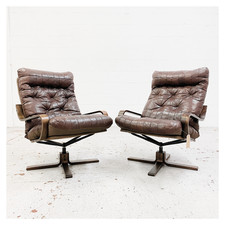 CAN DELIVER - Pair of Vintage Brown Leather Swivel Armchairs Wooden Base Chair
