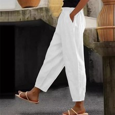Women Summer Beach Cotton Linen Pants Ladies Casual Loose Elastic Waist Trousers