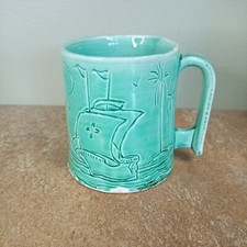 Antique c1910, Shaving Mug, Green With incised Ships Decoration, Raised Base