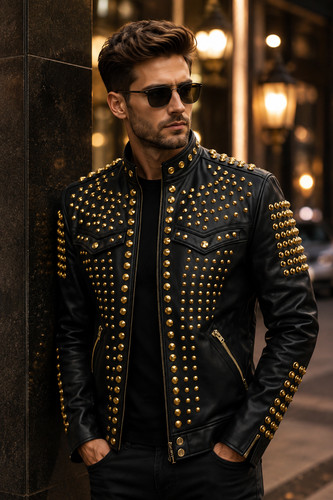 Men black leather jacket - leather,