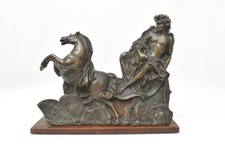 French Bronze Sculpture Depicts  "Marly Horse" on Wooden Base
