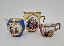 3X Antique 19thC Meissen Porcelain Watteau Scene Hand Painted Cups & Handled Pot