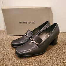 NEW Roberto Vianni Black Leather Court Shoes UK 6.5 C EU40 Block Heel Square Toe