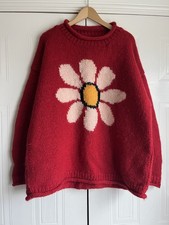 Vintage 90s Floral Daisy Jumper Red Wool Hand Knitted Chemical England L-XL