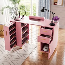 Manicure Table Nail Desk w/Dust Collector Dust Bags Wrist Rest Drawers Pink