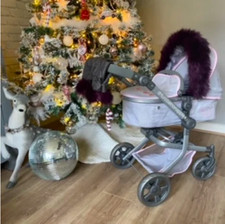 Luxury Purple Small Universal Dolls Pram Fur Hood Trim, Handmuff/ Handwarmer Set