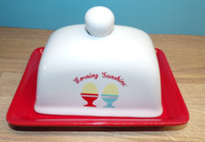 MORNING SUNSHINE NOVELTY RED & WHITE CHINA COVERED BUTTER DISH, LID & BASE