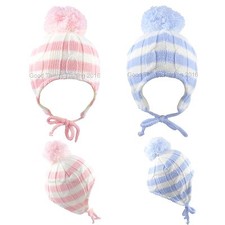 Baby Bobble Hat with Chin Ties Knitted Winter Hat Girl Boy Striped Newborn-12 M