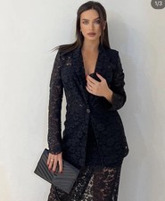 ZARA NEW WOMAN FLORAL LACE BLAZER WITH PADDED SHOULDERS JACKET BLACK size S 