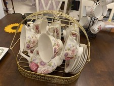 16 Pc Gold  Tipped Vintage Floral Porcelain Tea Set for Adults with Metal Holder