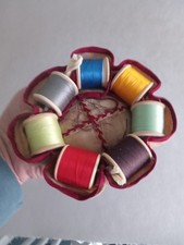 Vintage Pin Cushion/ Cotton Reel Holder c/w Cottons